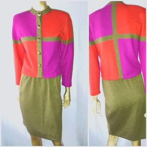 St. John colorblock 2 piece knit sweater set skirt cardigan jacket sz 6